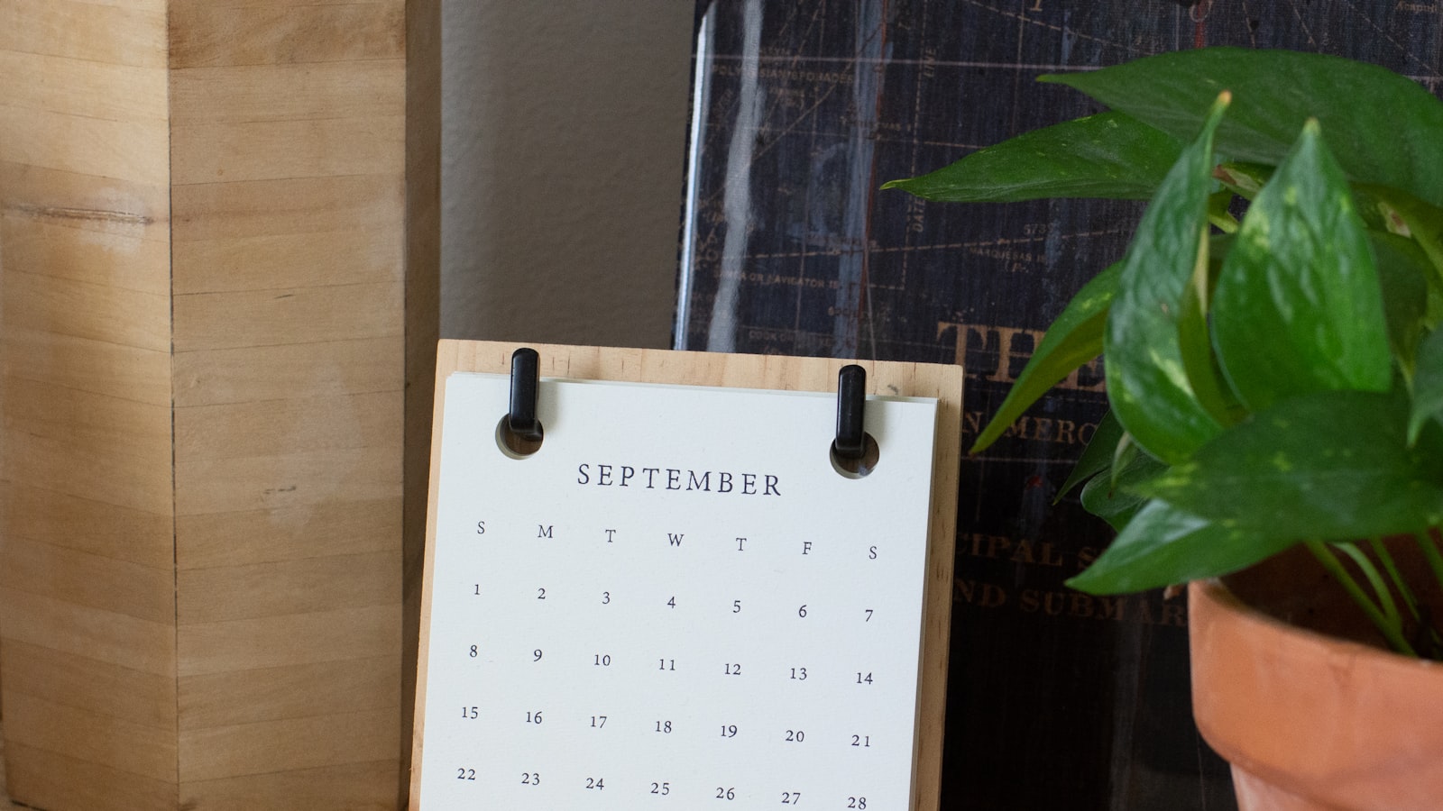 Un calendario de sobremesa de madera marcado en septiembre, junto a una planta, sobre una estantería